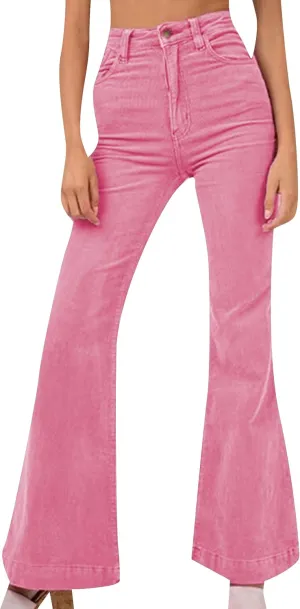 YMING Womens Corduroy Solid Color Flare Pants High Waist Bell Bottom Trousers Wide Leg Pants with Pockets