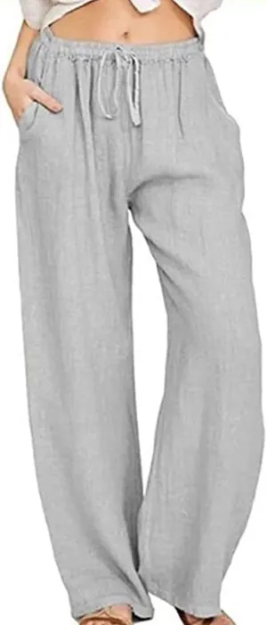 yoeasy Women Cotton Linen Drawstring Wide Leg Pants High Waisted Casual Loose Trousers with Pockets