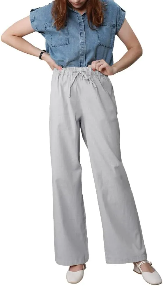 yoeasy Women Cotton Linen Drawstring Wide Leg Pants High Waisted Casual Loose Trousers with Pockets