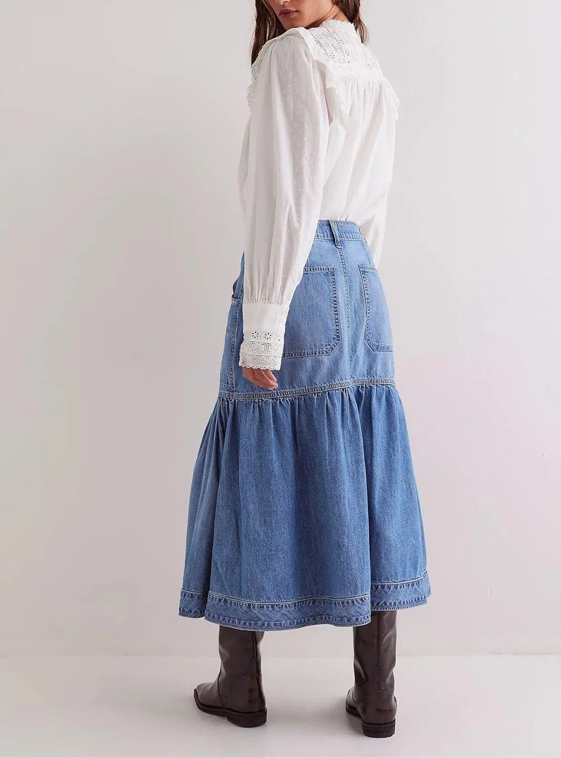 yoeasy Women's Casual Vintage High Waist Denim Maxi Skirts Button Pleated Flowy Swing A Line Long Jean Skirts