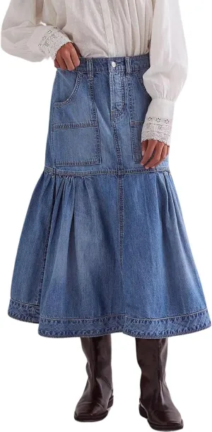 yoeasy Women's Casual Vintage High Waist Denim Maxi Skirts Button Pleated Flowy Swing A Line Long Jean Skirts