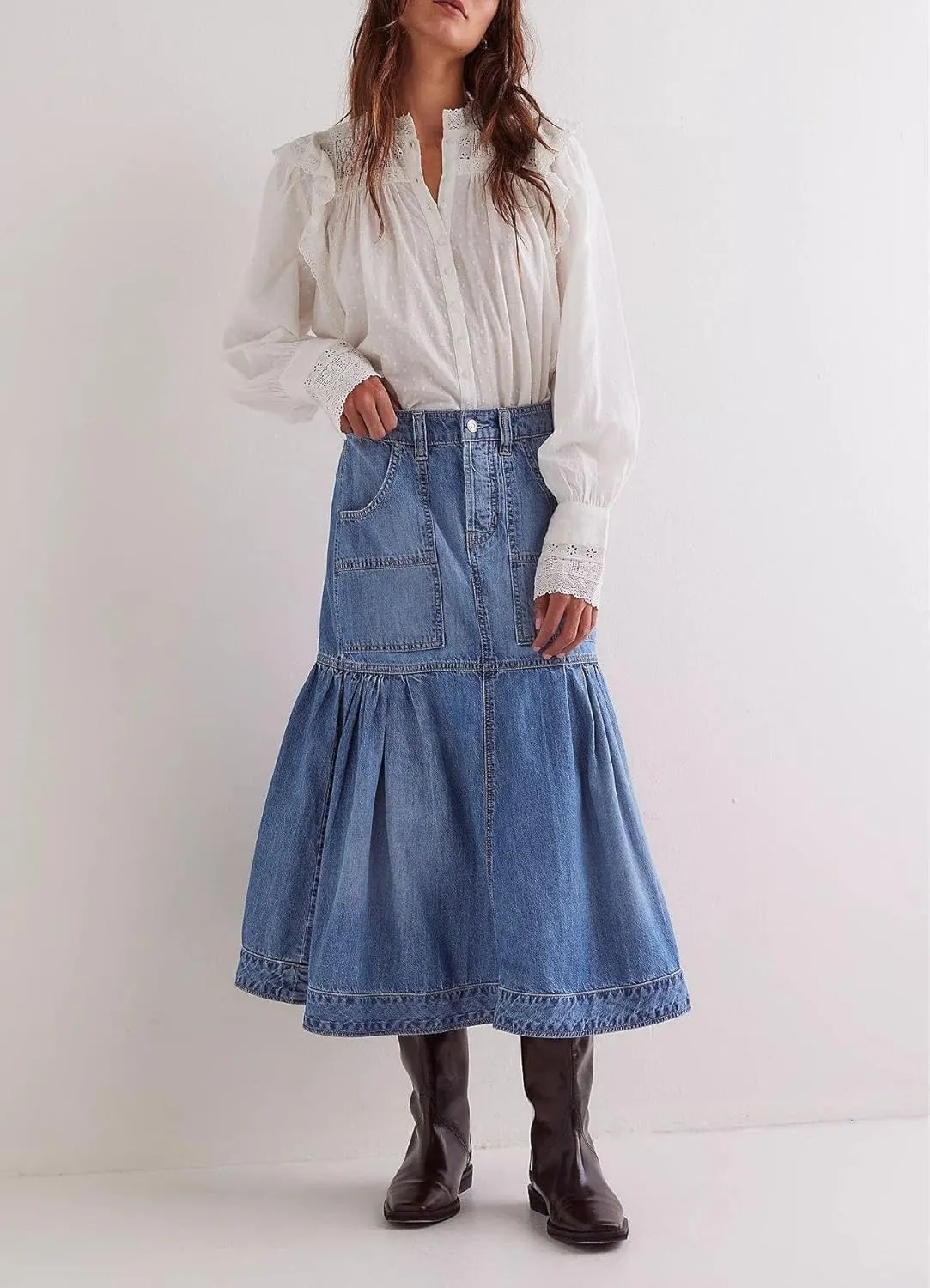 yoeasy Women's Casual Vintage High Waist Denim Maxi Skirts Button Pleated Flowy Swing A Line Long Jean Skirts