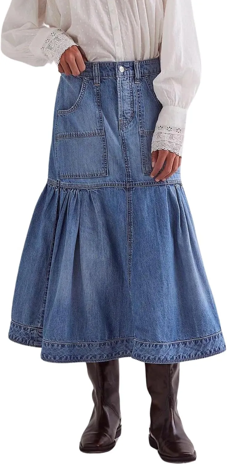 yoeasy Women's Casual Vintage High Waist Denim Maxi Skirts Button Pleated Flowy Swing A Line Long Jean Skirts