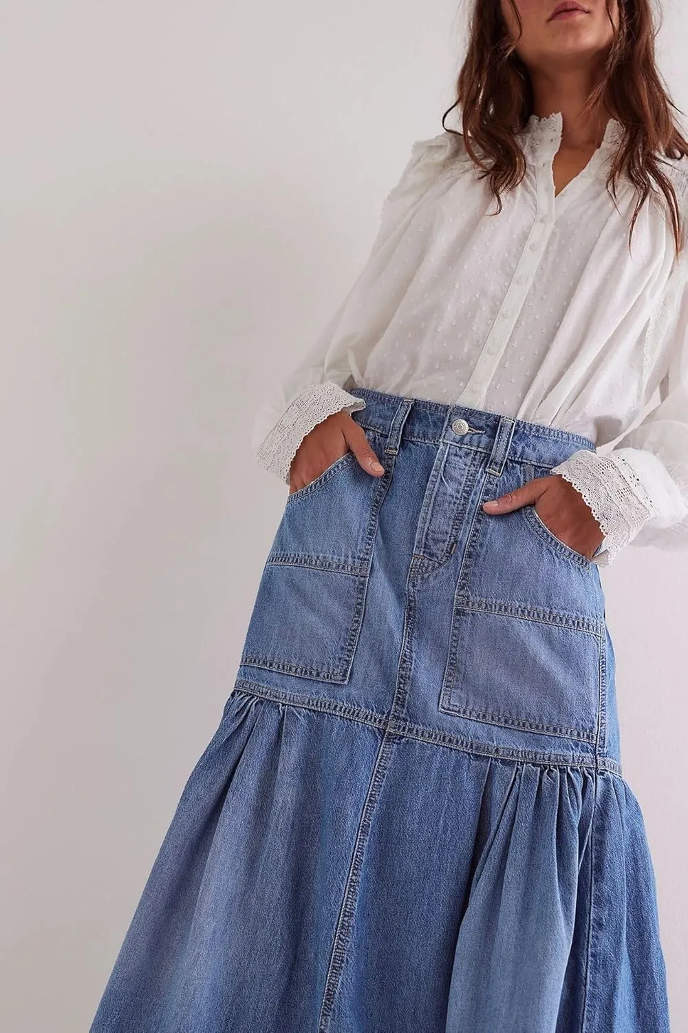 yoeasy Women's Casual Vintage High Waist Denim Maxi Skirts Button Pleated Flowy Swing A Line Long Jean Skirts