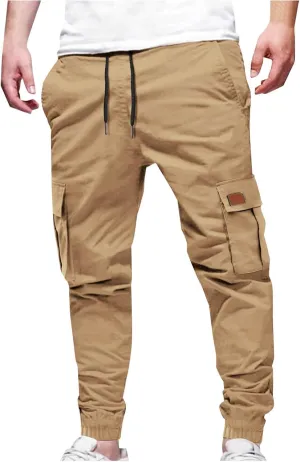 YUHGODO Mens Slim Fit Cargo Pants - Casual Tapered Drawstring Elastic Waist Athletic Joggers Sweatpants with Multi Pockets