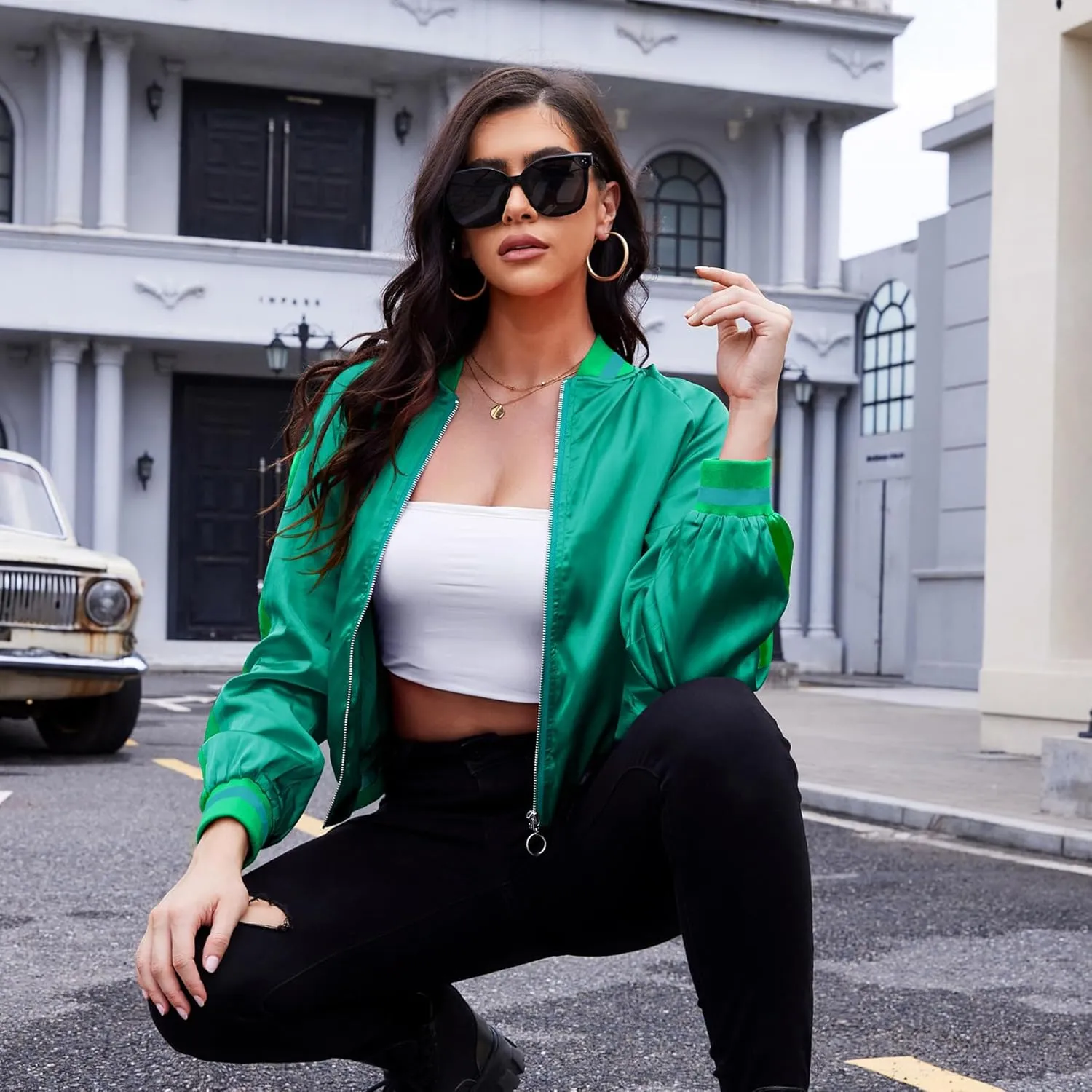 Zando Bomber Jacket Women Lightweight Cropped Jacket Zip Up Casual Striped Jacket Trendy Outerwear Windbreaker with Pockets