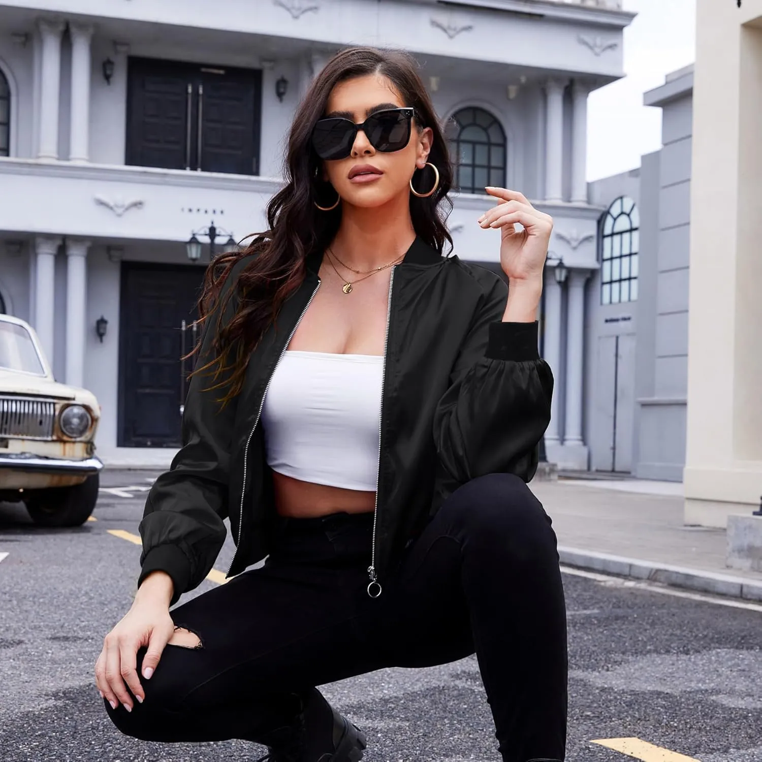 Zando Bomber Jacket Women Lightweight Cropped Jacket Zip Up Casual Striped Jacket Trendy Outerwear Windbreaker with Pockets