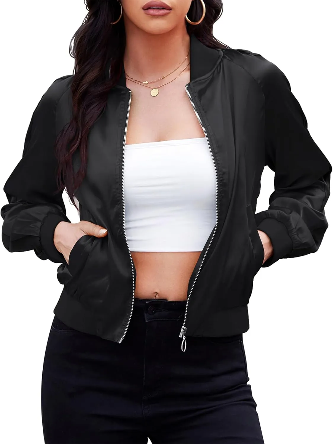 Zando Bomber Jacket Women Lightweight Cropped Jacket Zip Up Casual Striped Jacket Trendy Outerwear Windbreaker with Pockets