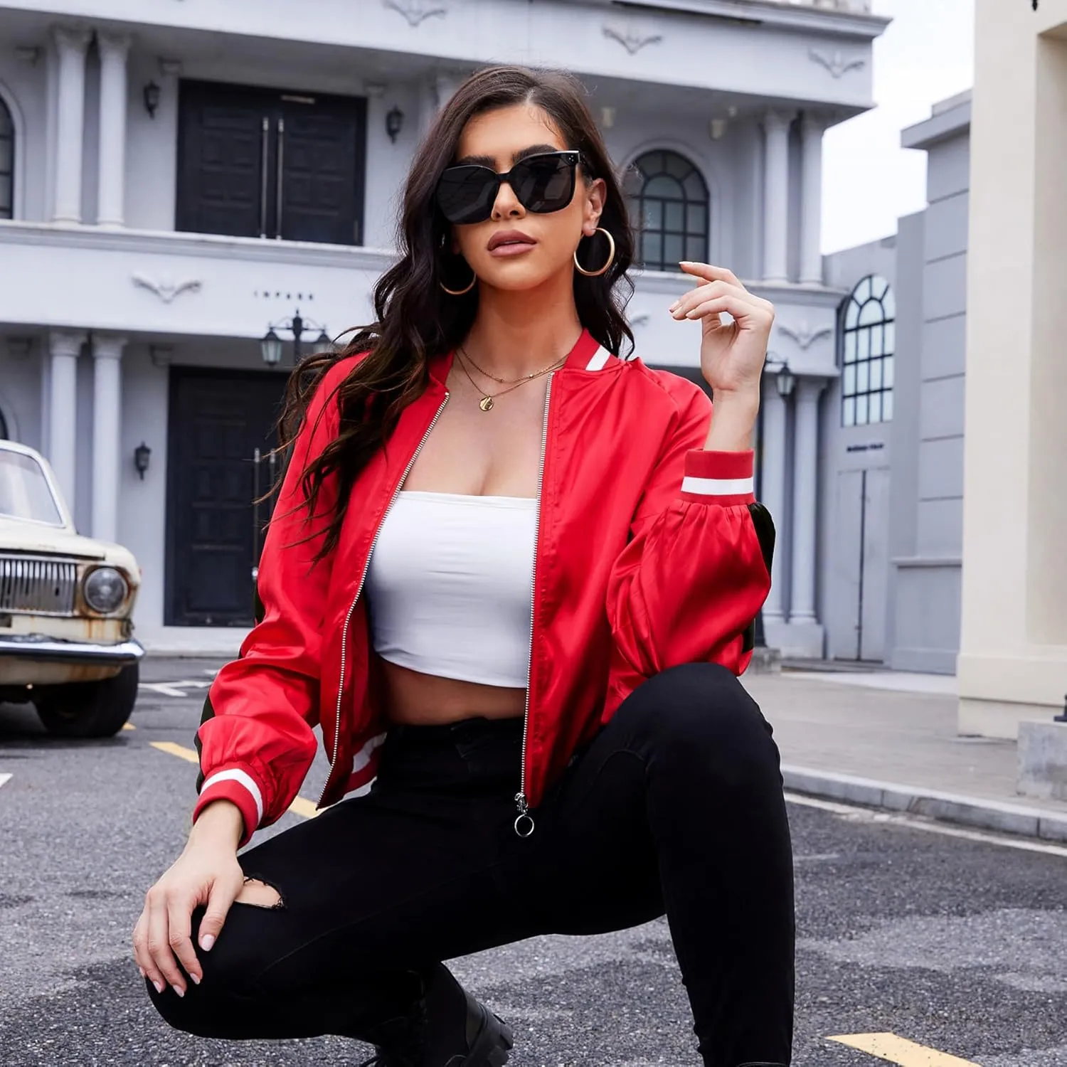 Zando Bomber Jacket Women Lightweight Cropped Jacket Zip Up Casual Striped Jacket Trendy Outerwear Windbreaker with Pockets