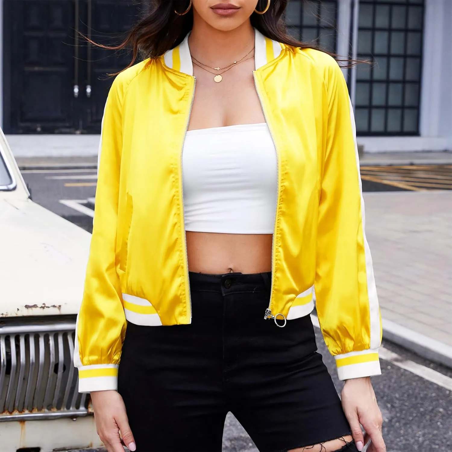 Zando Bomber Jacket Women Lightweight Cropped Jacket Zip Up Casual Striped Jacket Trendy Outerwear Windbreaker with Pockets