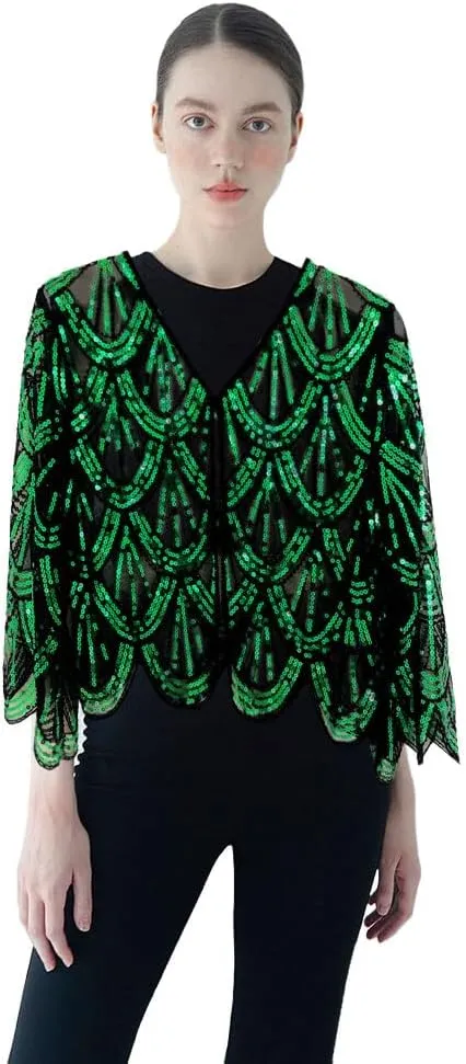 Zcargel Women Sequin Cloak Shawl 1920s Evening Cape Shawls for Evening Dresses Wedding Party