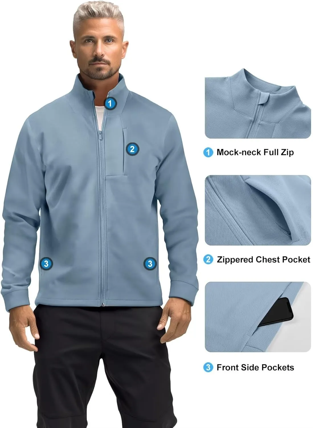 Zengjo Men's Track Jackets Full-Zip Athletic Jacket Sweatshirt Mock Neck with Zipper Pockets