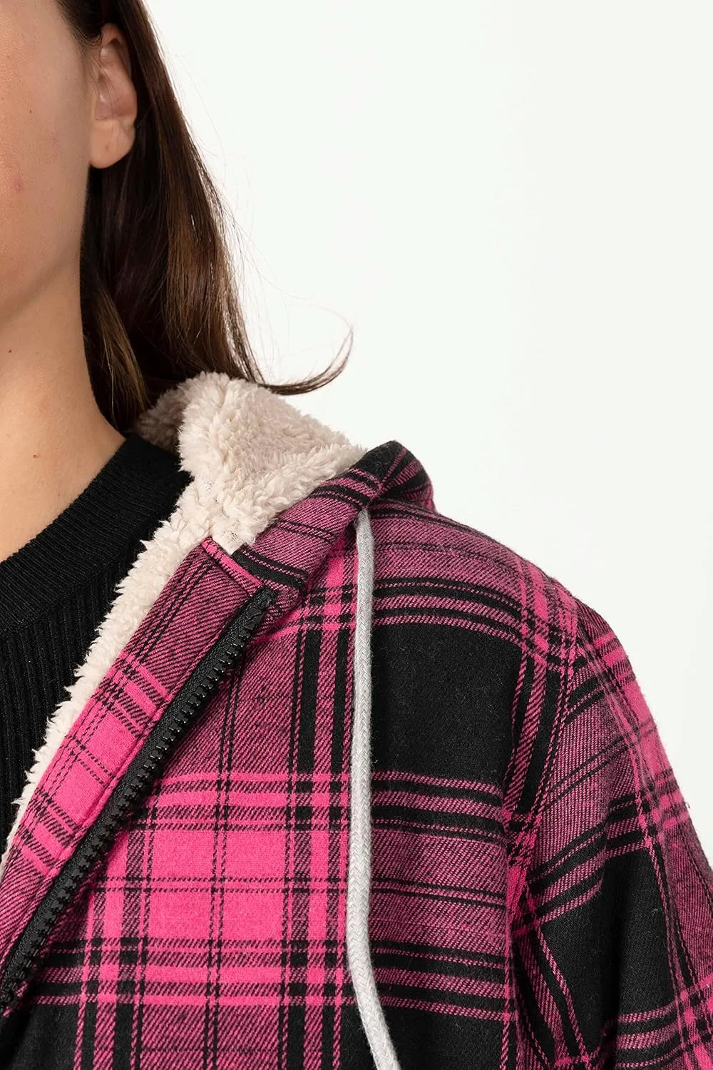 ZENTHACE Womens Sherpa Lined Flannel Jacket Full Zip Up Hooded Flannel Plaid Shirt Jacket with Side Pockets