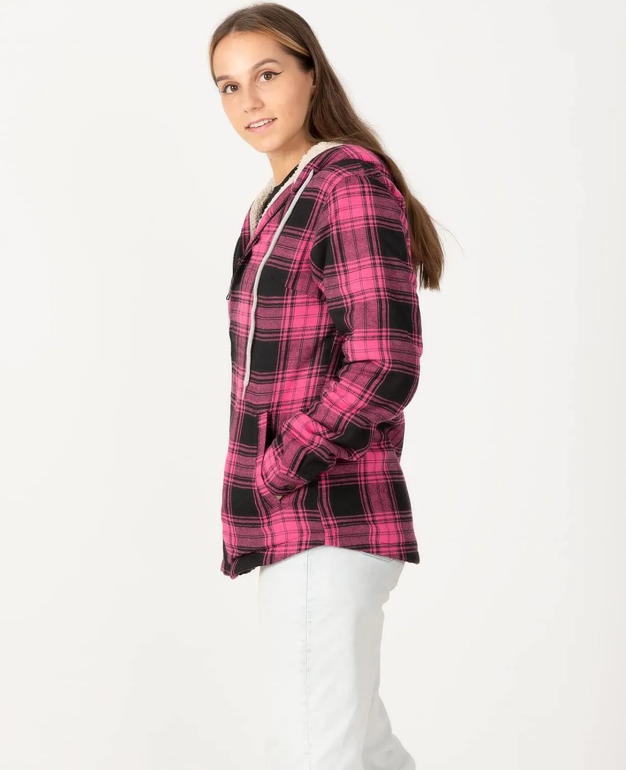 ZENTHACE Womens Sherpa Lined Flannel Jacket Full Zip Up Hooded Flannel Plaid Shirt Jacket with Side Pockets