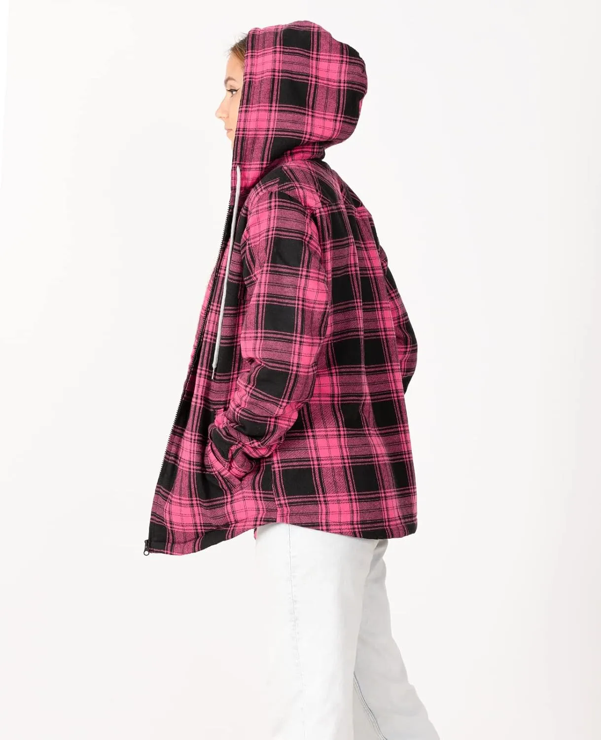 ZENTHACE Womens Sherpa Lined Flannel Jacket Full Zip Up Hooded Flannel Plaid Shirt Jacket with Side Pockets