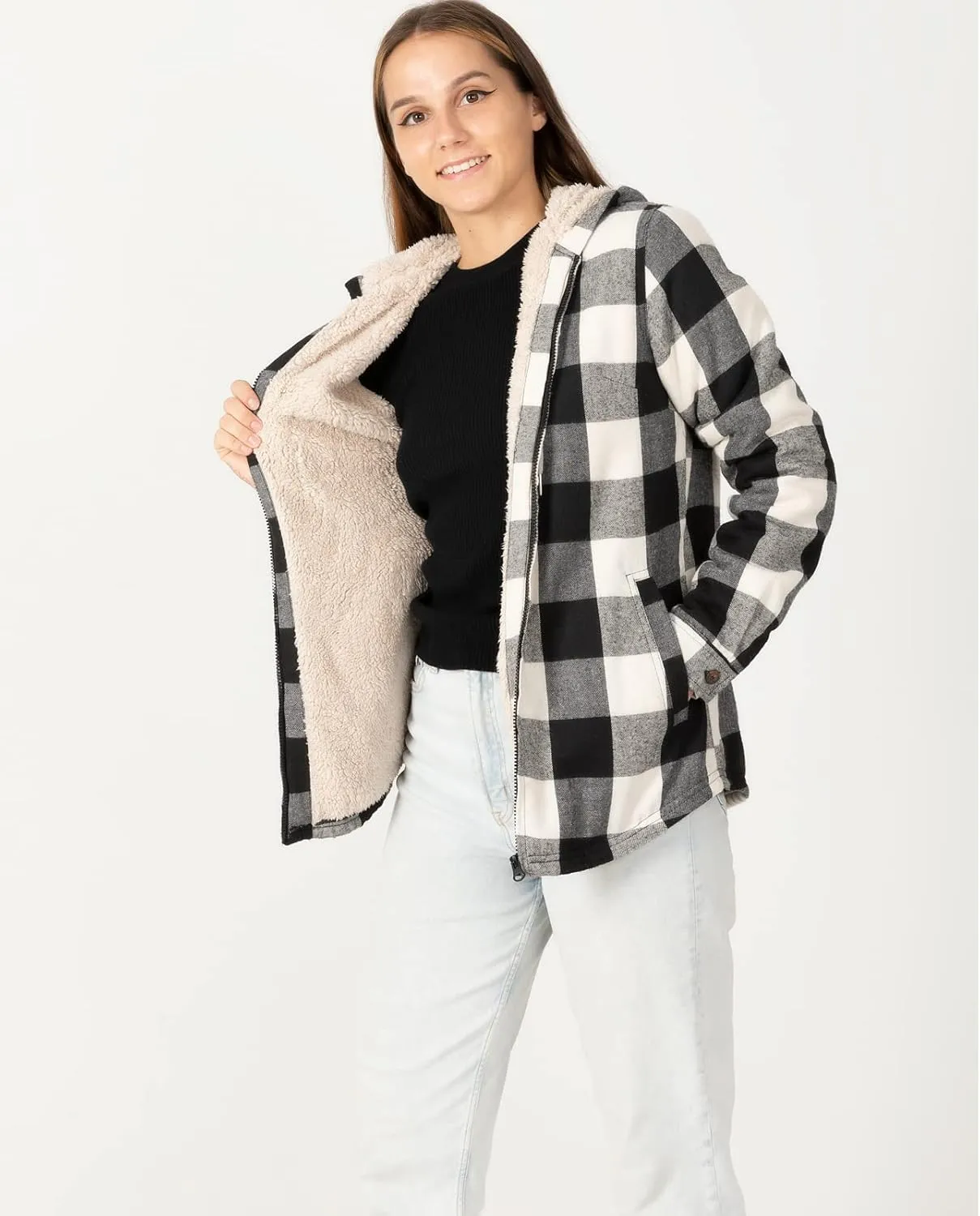 ZENTHACE Womens Sherpa Lined Flannel Jacket Full Zip Up Hooded Flannel Plaid Shirt Jacket with Side Pockets