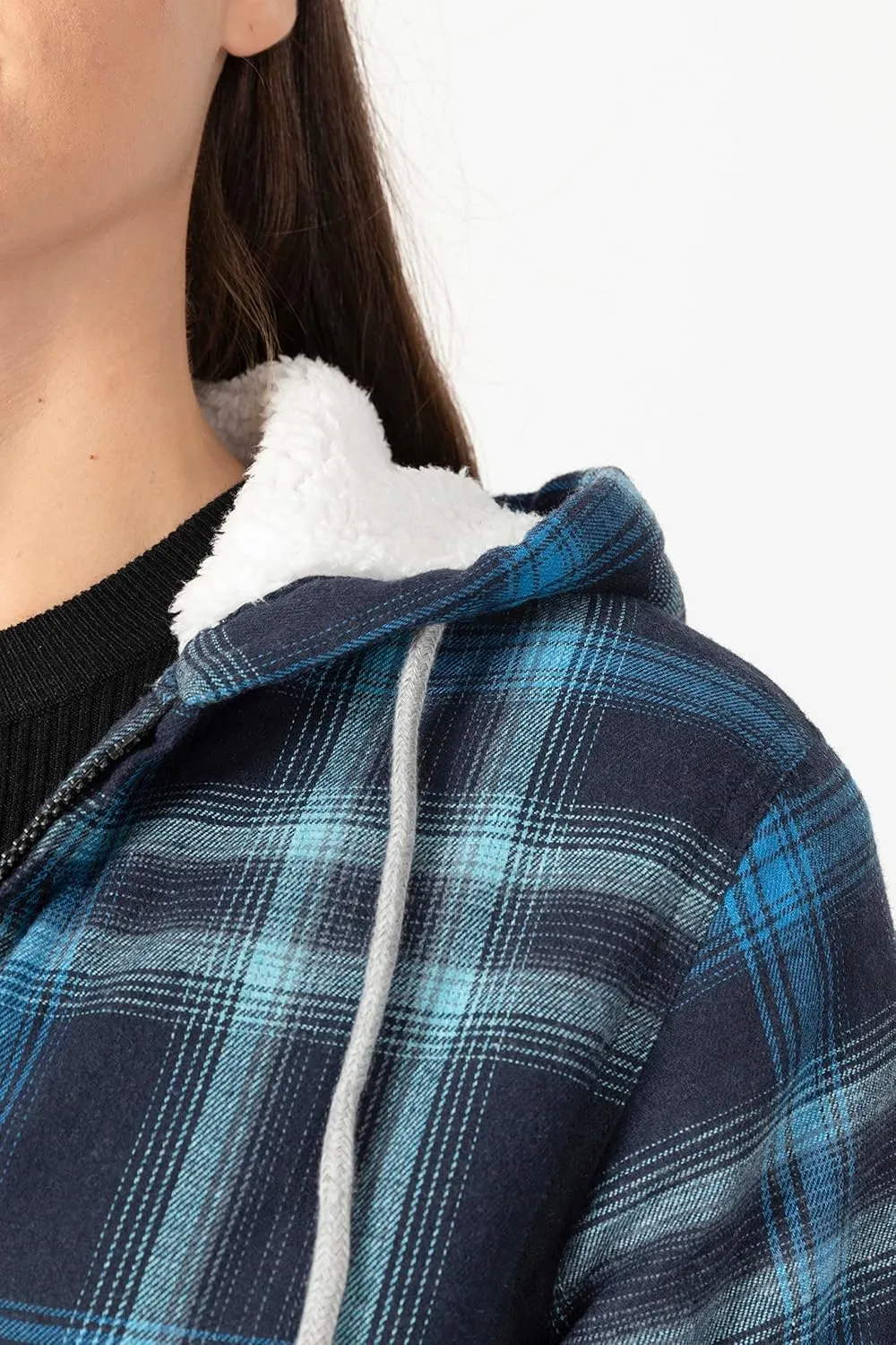 ZENTHACE Womens Sherpa Lined Flannel Jacket Full Zip Up Hooded Flannel Plaid Shirt Jacket with Side Pockets