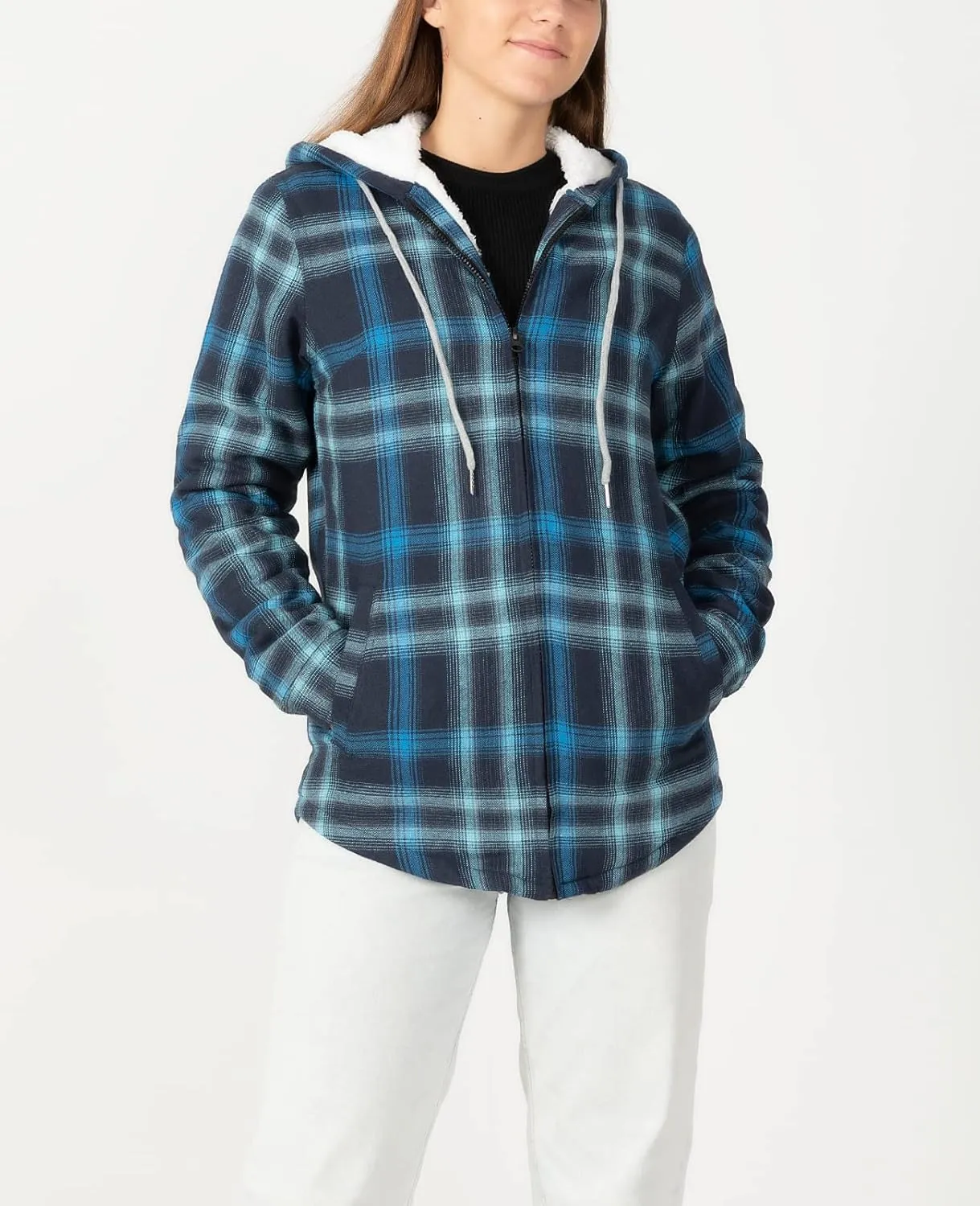 ZENTHACE Womens Sherpa Lined Flannel Jacket Full Zip Up Hooded Flannel Plaid Shirt Jacket with Side Pockets