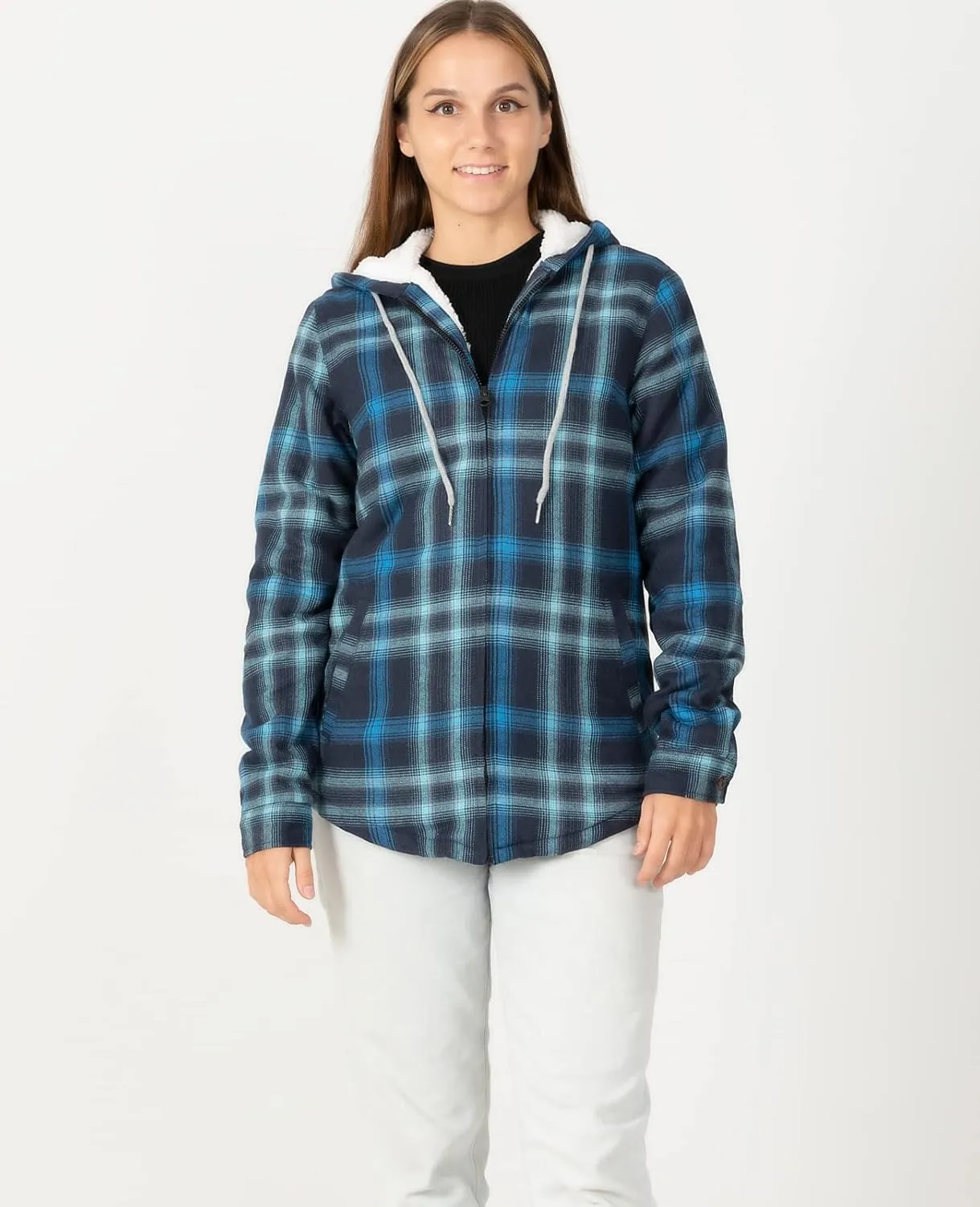 ZENTHACE Womens Sherpa Lined Flannel Jacket Full Zip Up Hooded Flannel Plaid Shirt Jacket with Side Pockets