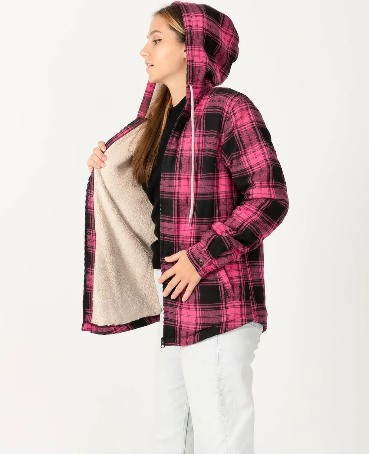 ZENTHACE Womens Sherpa Lined Flannel Jacket Full Zip Up Hooded Flannel Plaid Shirt Jacket with Side Pockets