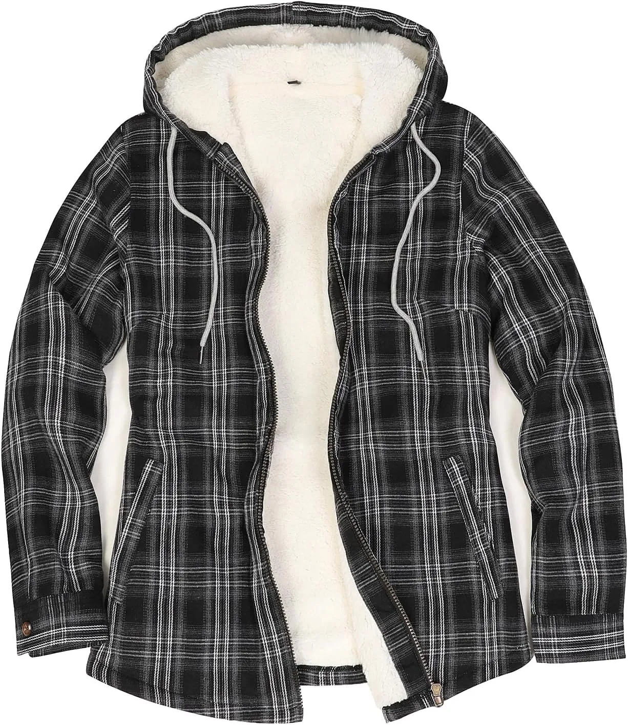 ZENTHACE Womens Sherpa Lined Flannel Jacket Full Zip Up Hooded Flannel Plaid Shirt Jacket with Side Pockets
