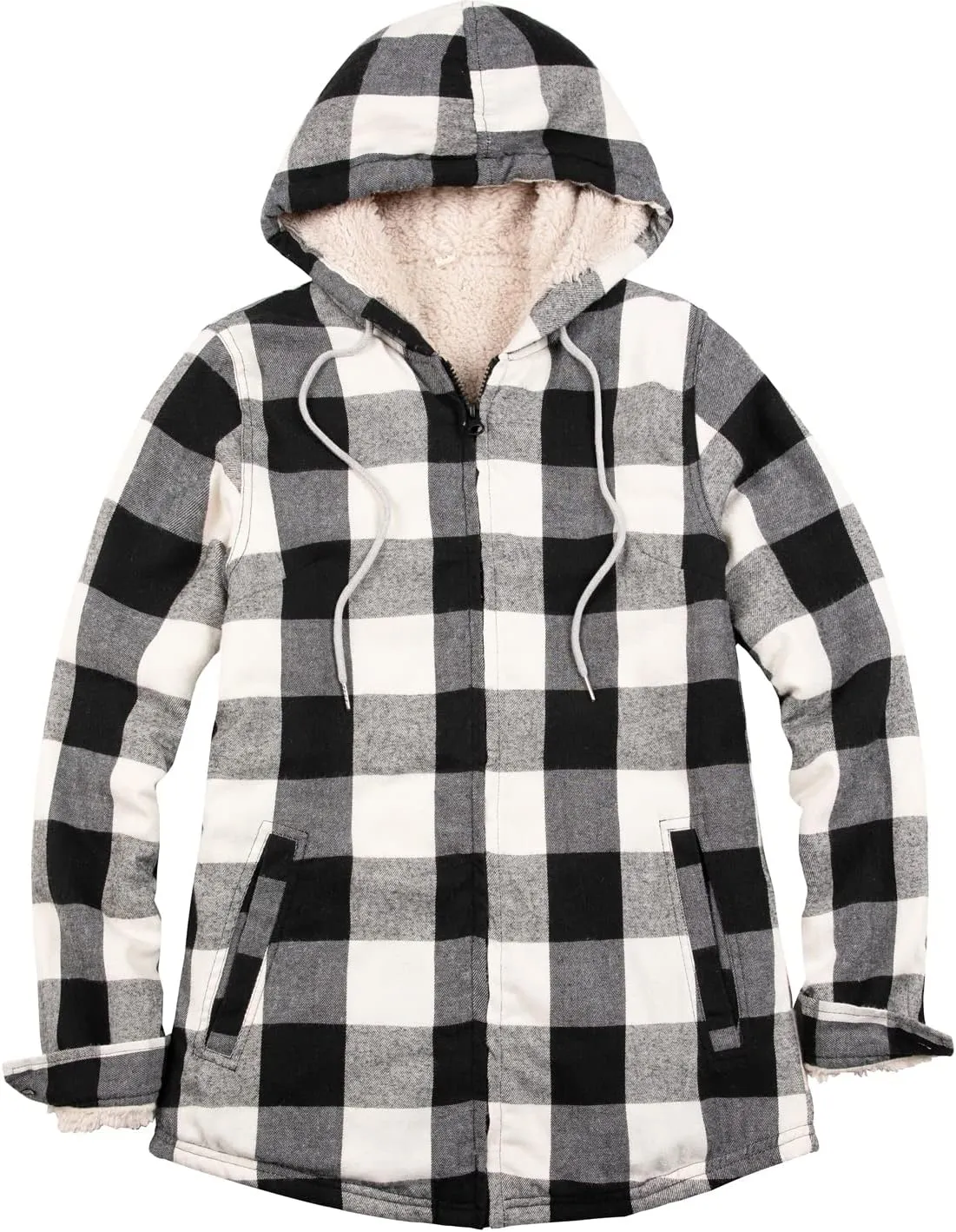 ZENTHACE Womens Sherpa Lined Flannel Jacket Full Zip Up Hooded Flannel Plaid Shirt Jacket with Side Pockets