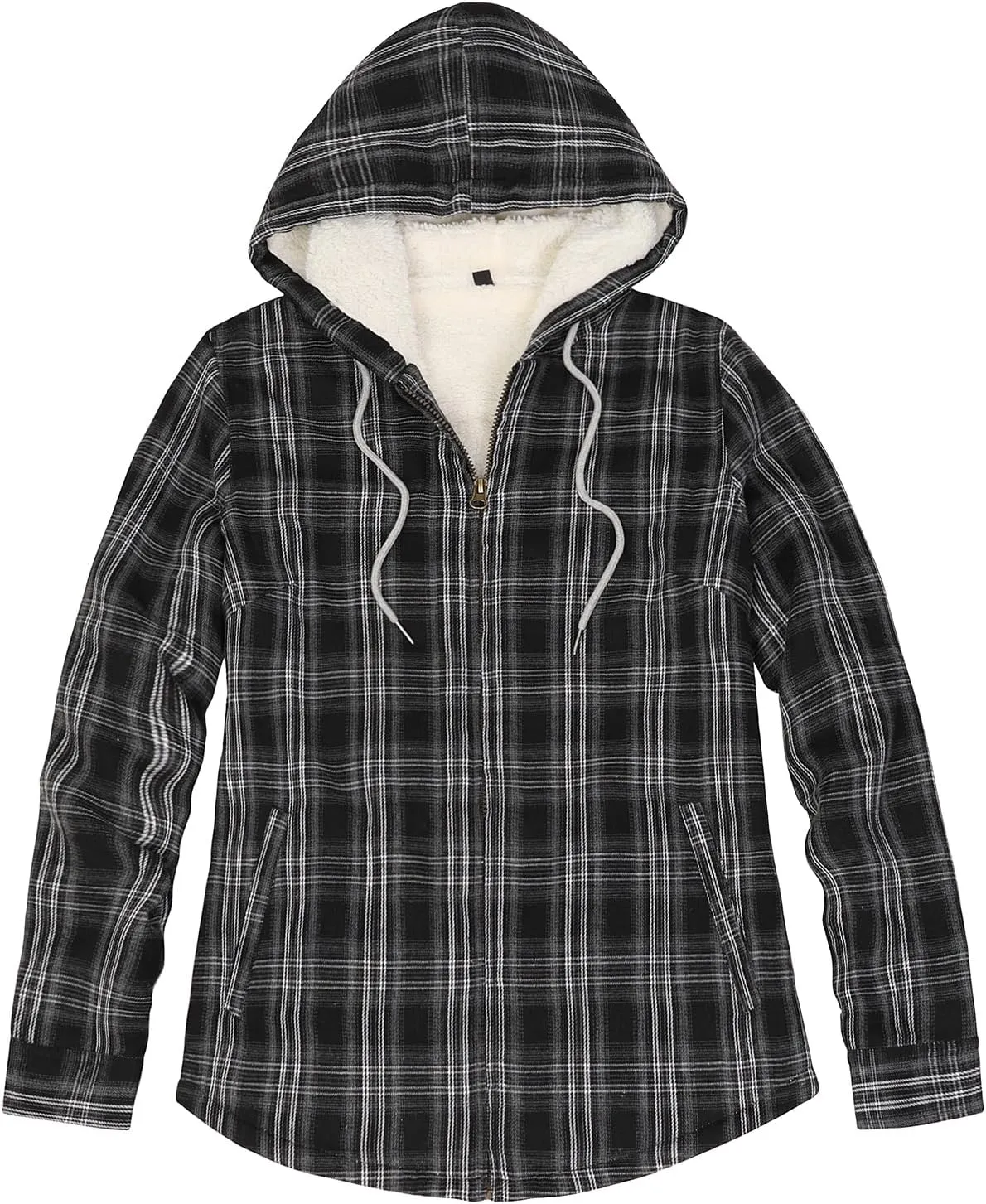 ZENTHACE Womens Sherpa Lined Flannel Jacket Full Zip Up Hooded Flannel Plaid Shirt Jacket with Side Pockets