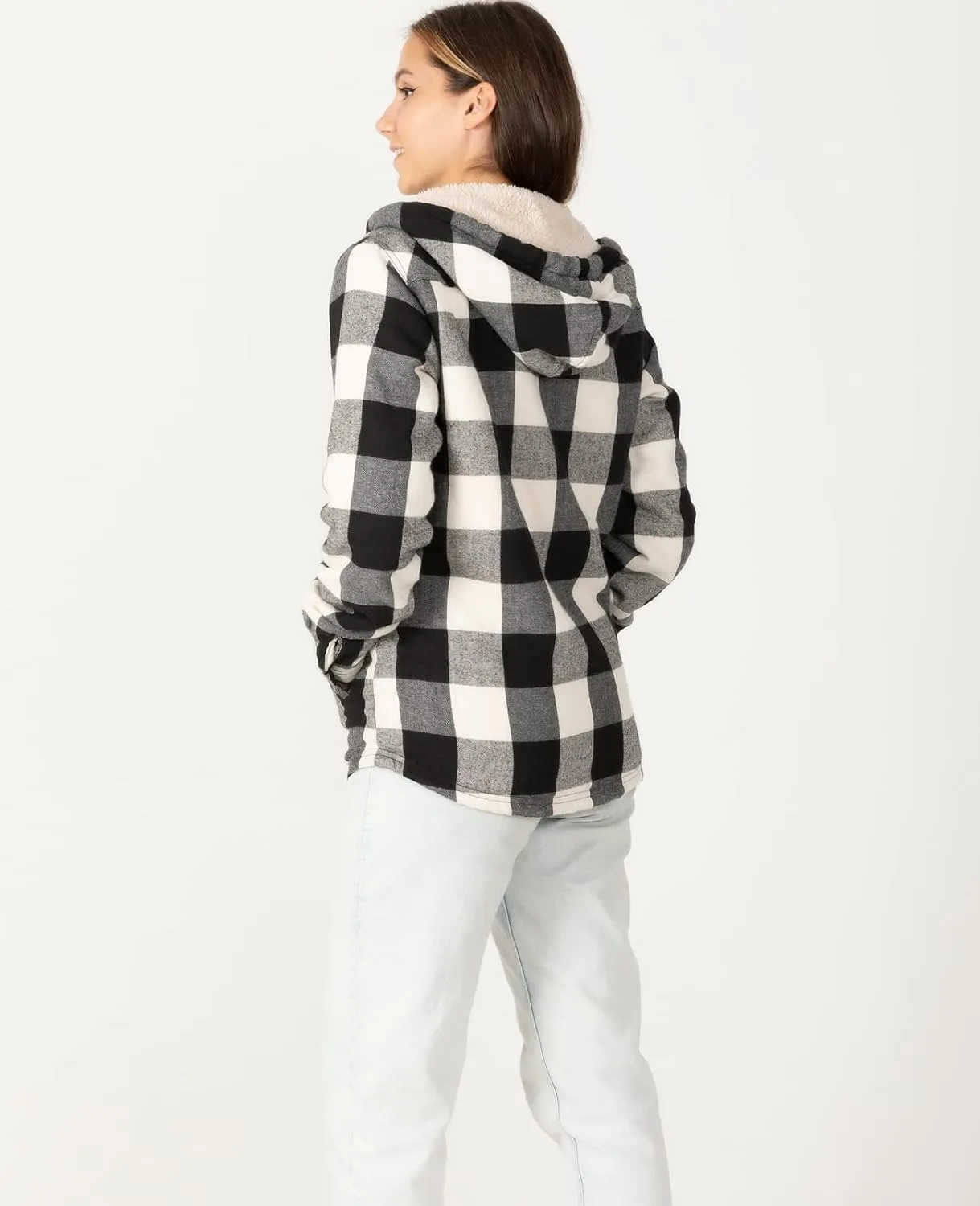 ZENTHACE Womens Sherpa Lined Flannel Jacket Full Zip Up Hooded Flannel Plaid Shirt Jacket with Side Pockets