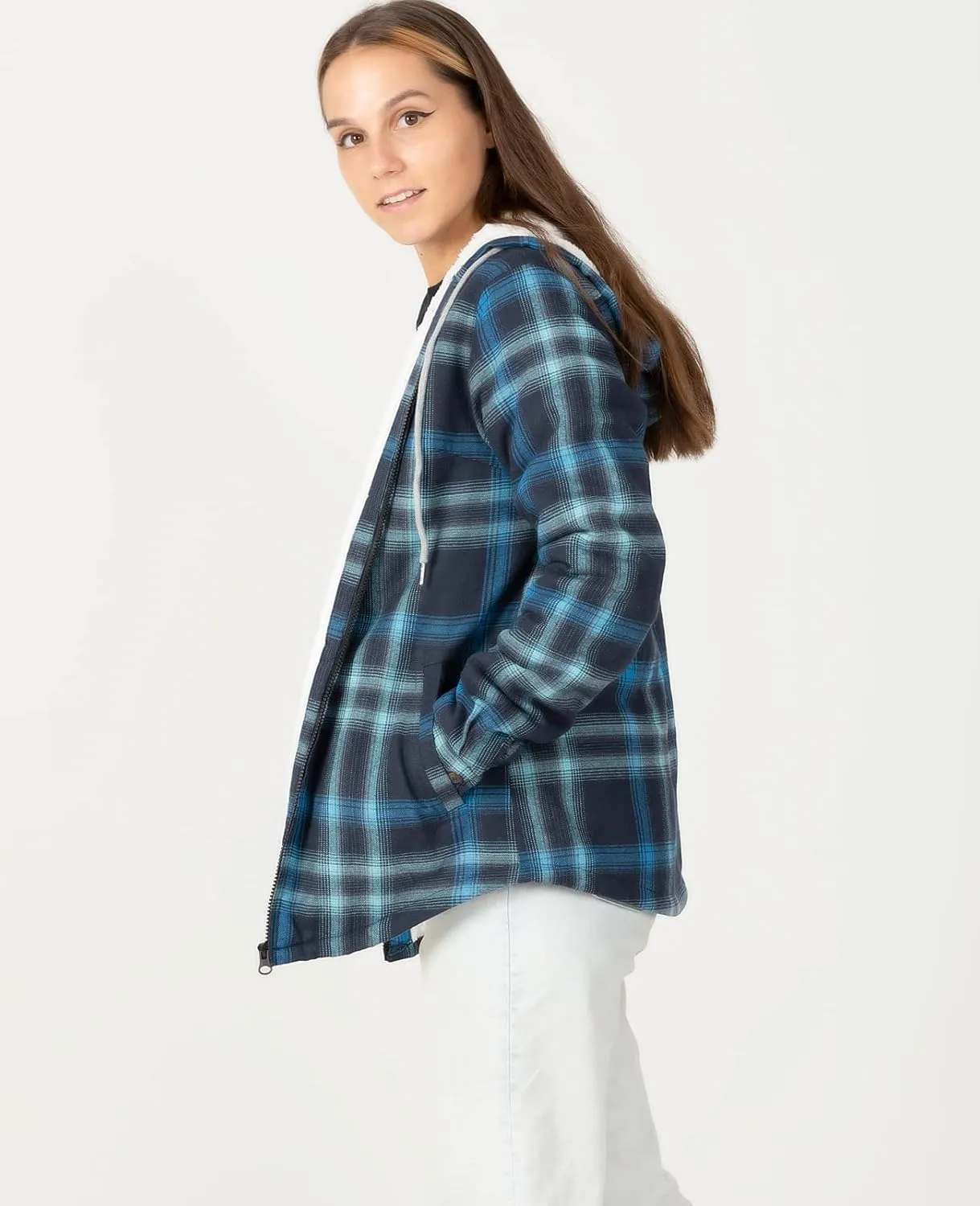 ZENTHACE Womens Sherpa Lined Flannel Jacket Full Zip Up Hooded Flannel Plaid Shirt Jacket with Side Pockets