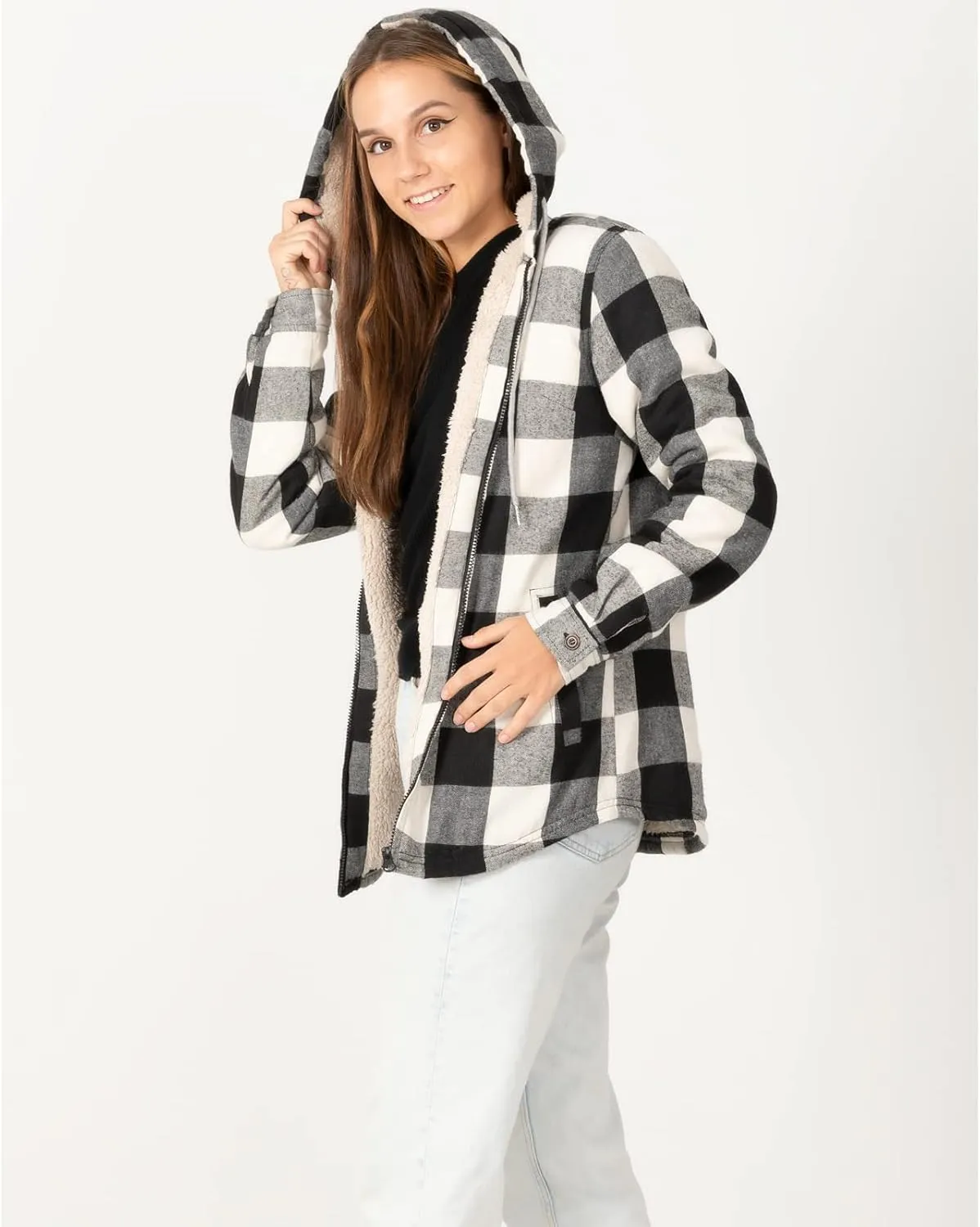 ZENTHACE Womens Sherpa Lined Flannel Jacket Full Zip Up Hooded Flannel Plaid Shirt Jacket with Side Pockets