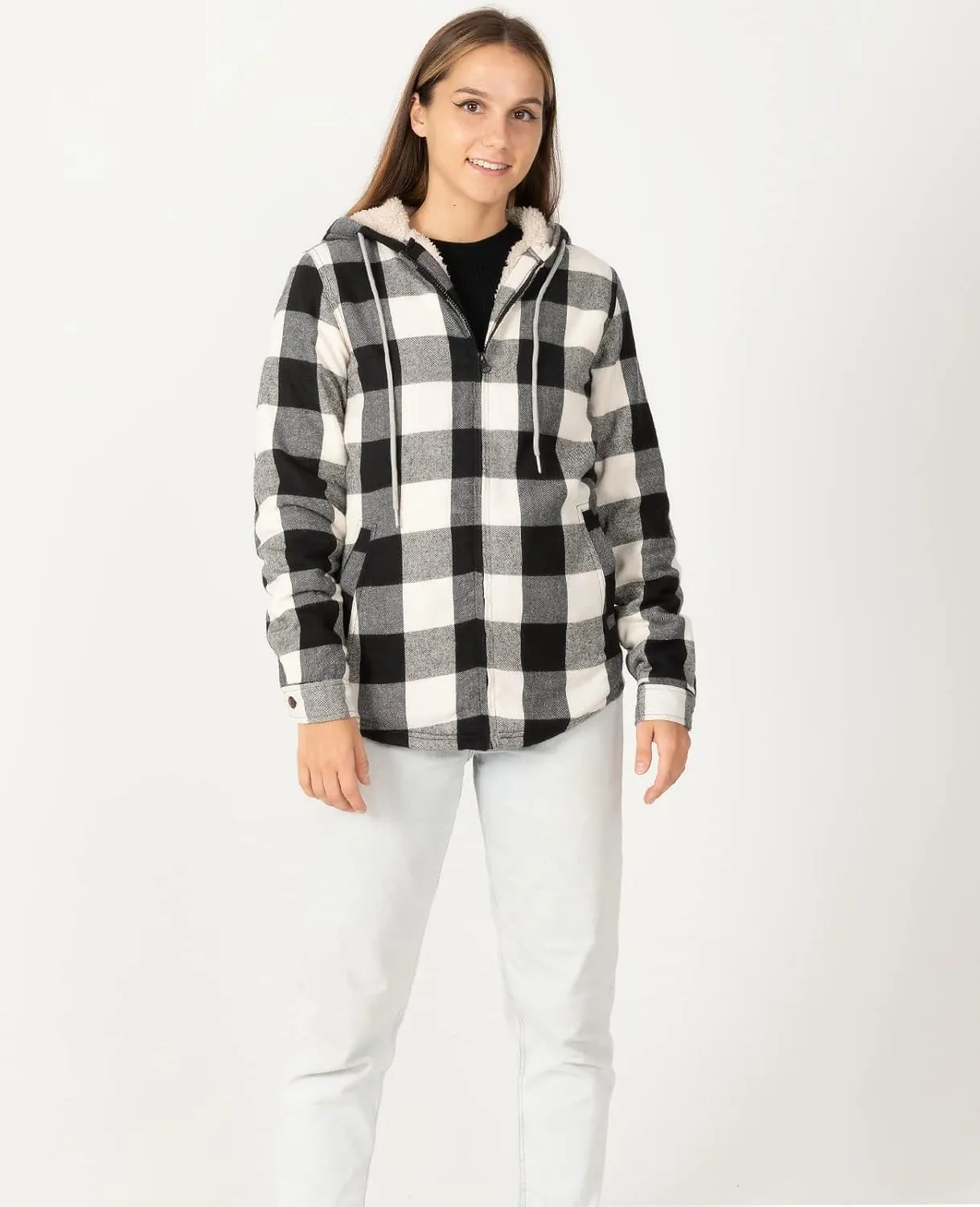 ZENTHACE Womens Sherpa Lined Flannel Jacket Full Zip Up Hooded Flannel Plaid Shirt Jacket with Side Pockets