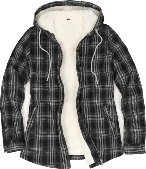 ZENTHACE Womens Sherpa Lined Flannel Jacket Full Zip Up Hooded Flannel Plaid Shirt Jacket with Side Pockets
