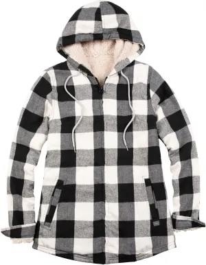 ZENTHACE Womens Sherpa Lined Flannel Jacket Full Zip Up Hooded Flannel Plaid Shirt Jacket with Side Pockets