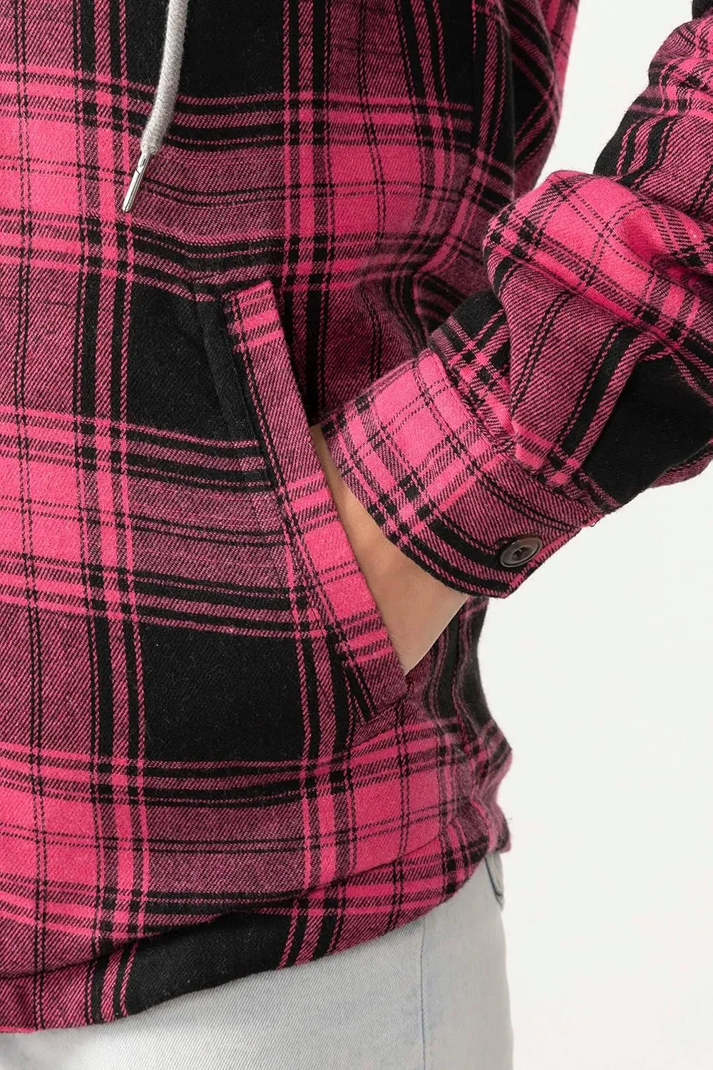 ZENTHACE Womens Sherpa Lined Flannel Jacket Full Zip Up Hooded Flannel Plaid Shirt Jacket with Side Pockets