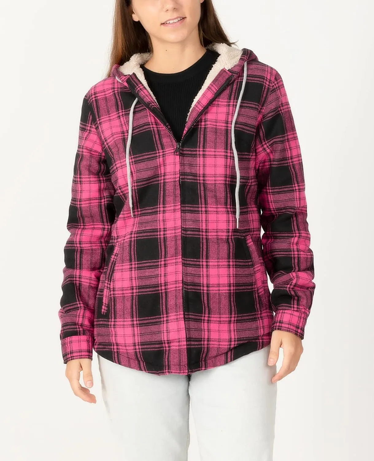 ZENTHACE Womens Sherpa Lined Flannel Jacket Full Zip Up Hooded Flannel Plaid Shirt Jacket with Side Pockets