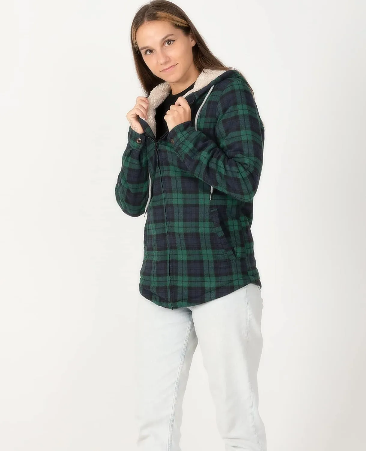 ZENTHACE Womens Sherpa Lined Flannel Jacket Full Zip Up Hooded Flannel Plaid Shirt Jacket with Side Pockets