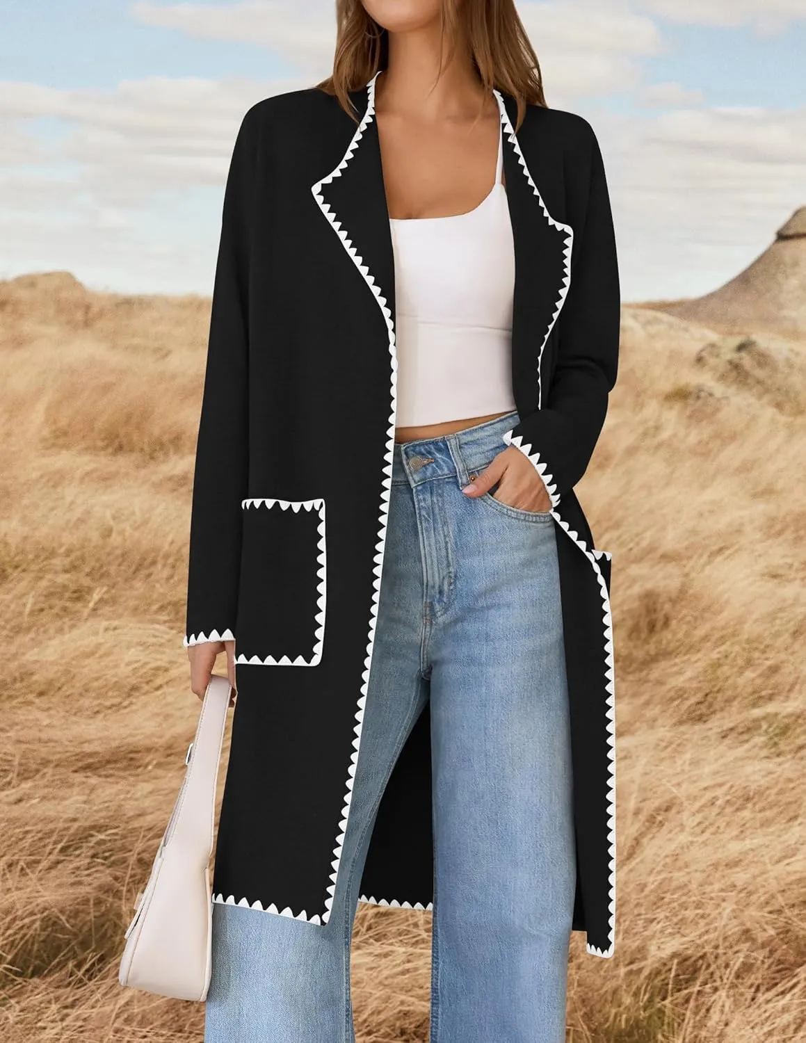 ZESICA Women's Open Front Long Cardigan Sweater Casual Lapel Coatigan Coat Fall Jacket Outerwear with Pockets