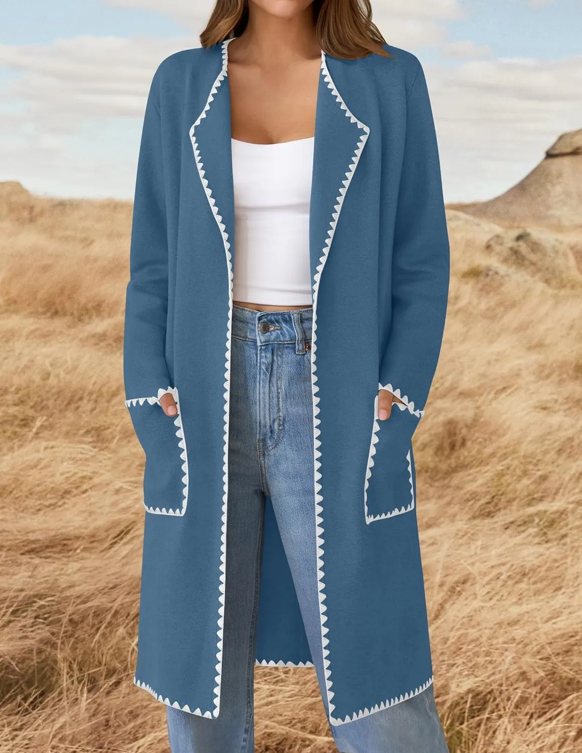 ZESICA Women's Open Front Long Cardigan Sweater Casual Lapel Coatigan Coat Fall Jacket Outerwear with Pockets