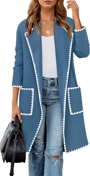 ZESICA Women's Open Front Long Cardigan Sweater Casual Lapel Coatigan Coat Fall Jacket Outerwear with Pockets