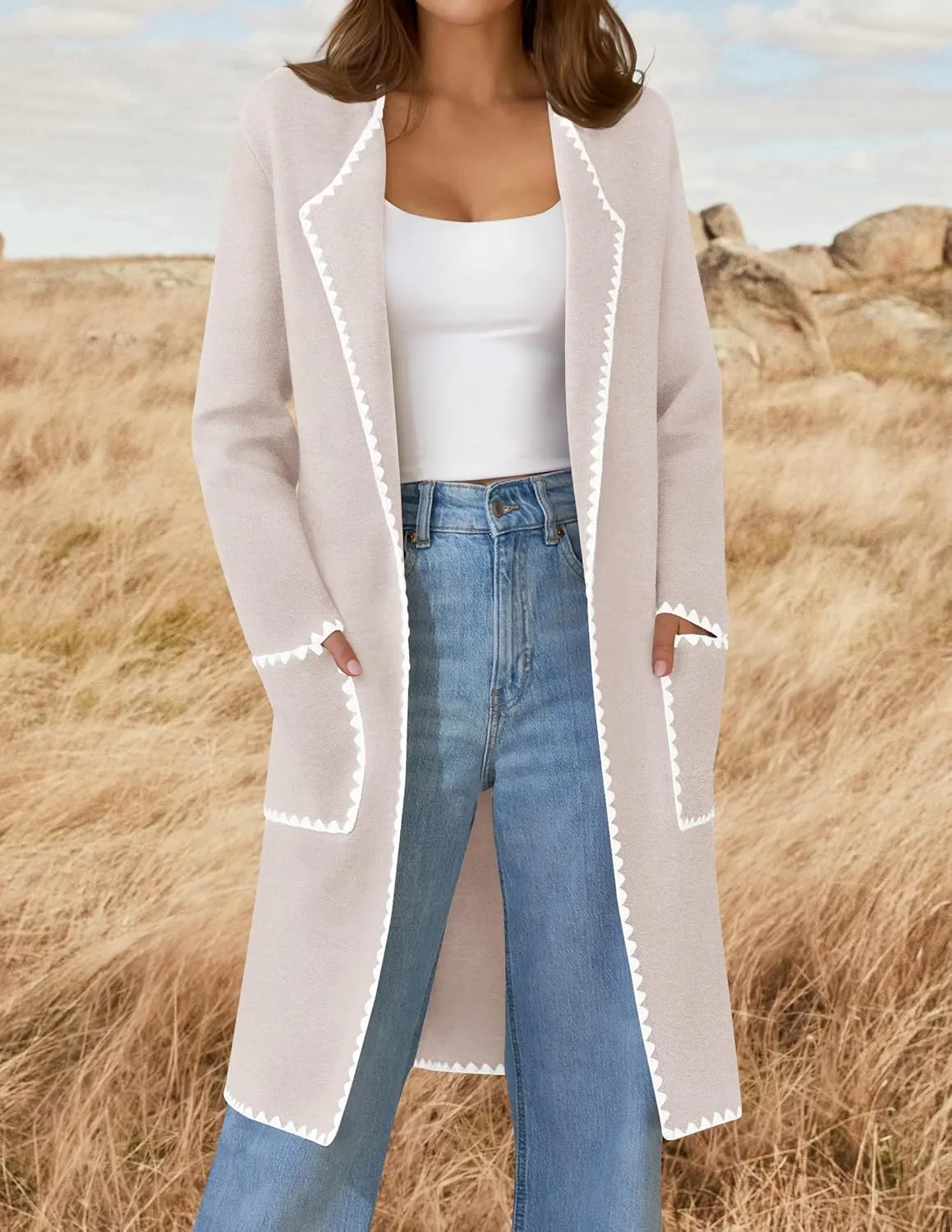 ZESICA Women's Open Front Long Cardigan Sweater Casual Lapel Coatigan Coat Fall Jacket Outerwear with Pockets