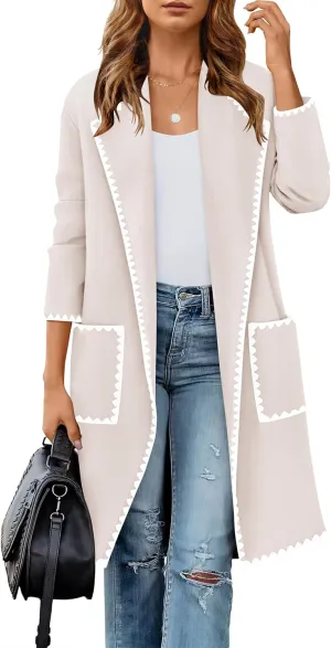 ZESICA Women's Open Front Long Cardigan Sweater Casual Lapel Coatigan Coat Fall Jacket Outerwear with Pockets