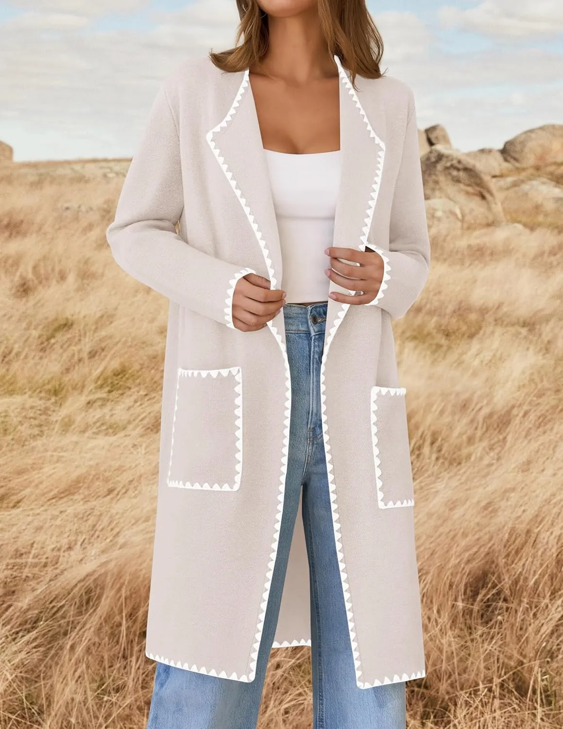 ZESICA Women's Open Front Long Cardigan Sweater Casual Lapel Coatigan Coat Fall Jacket Outerwear with Pockets