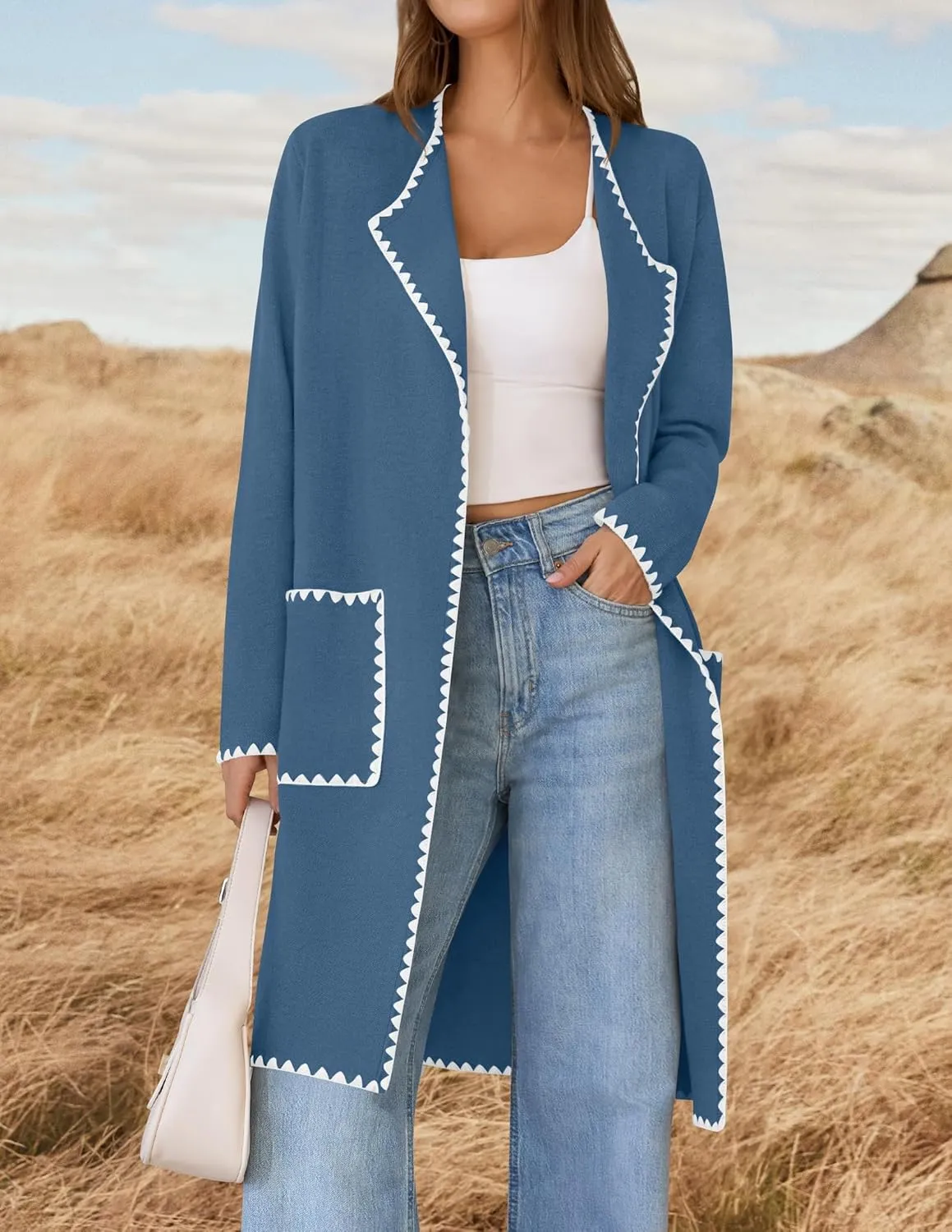 ZESICA Women's Open Front Long Cardigan Sweater Casual Lapel Coatigan Coat Fall Jacket Outerwear with Pockets