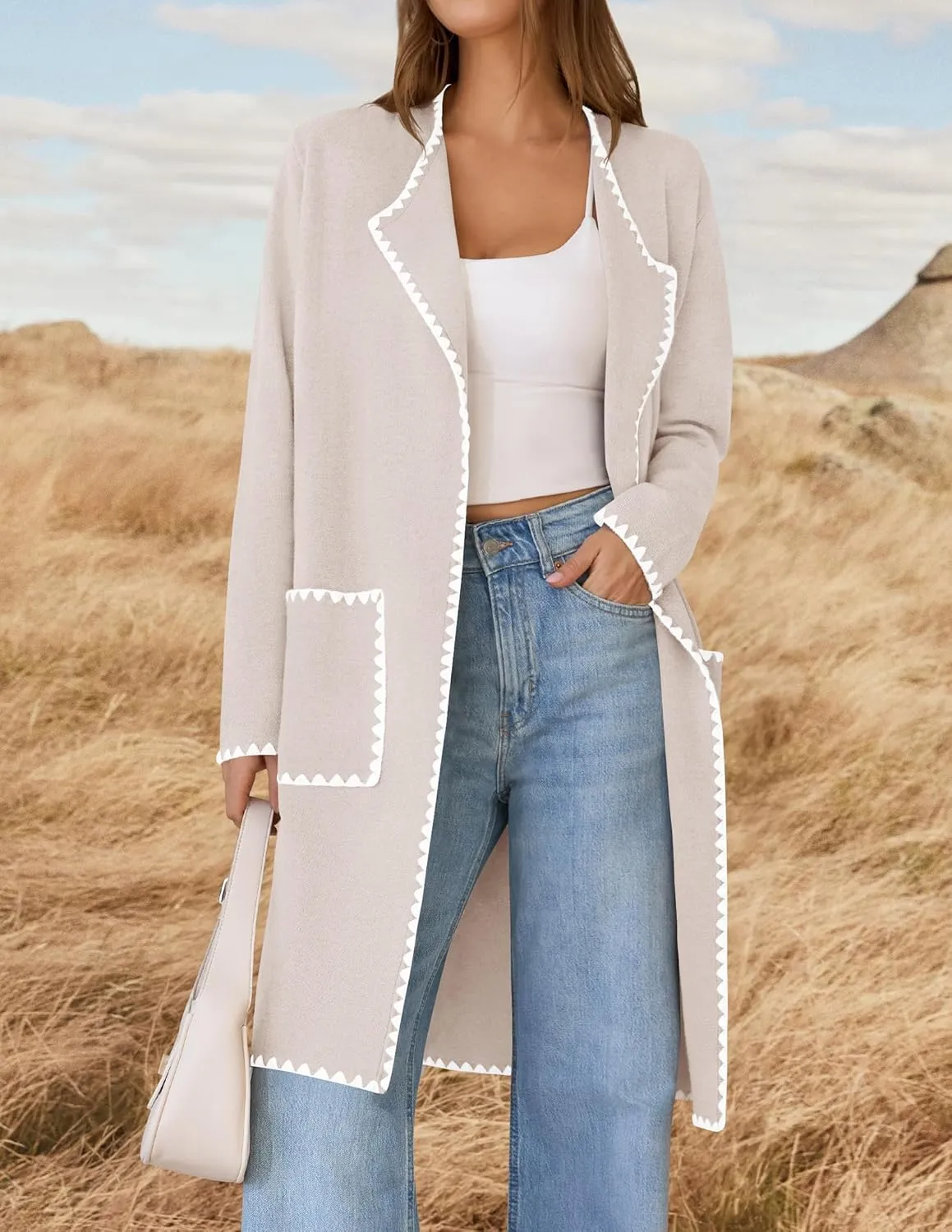 ZESICA Women's Open Front Long Cardigan Sweater Casual Lapel Coatigan Coat Fall Jacket Outerwear with Pockets