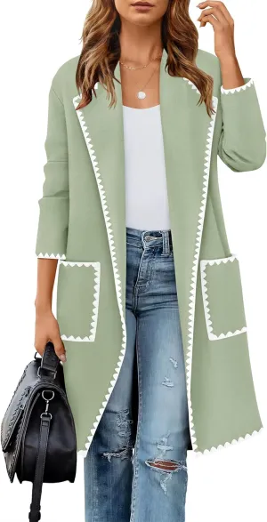ZESICA Women's Open Front Long Cardigan Sweater Casual Lapel Coatigan Coat Fall Jacket Outerwear with Pockets