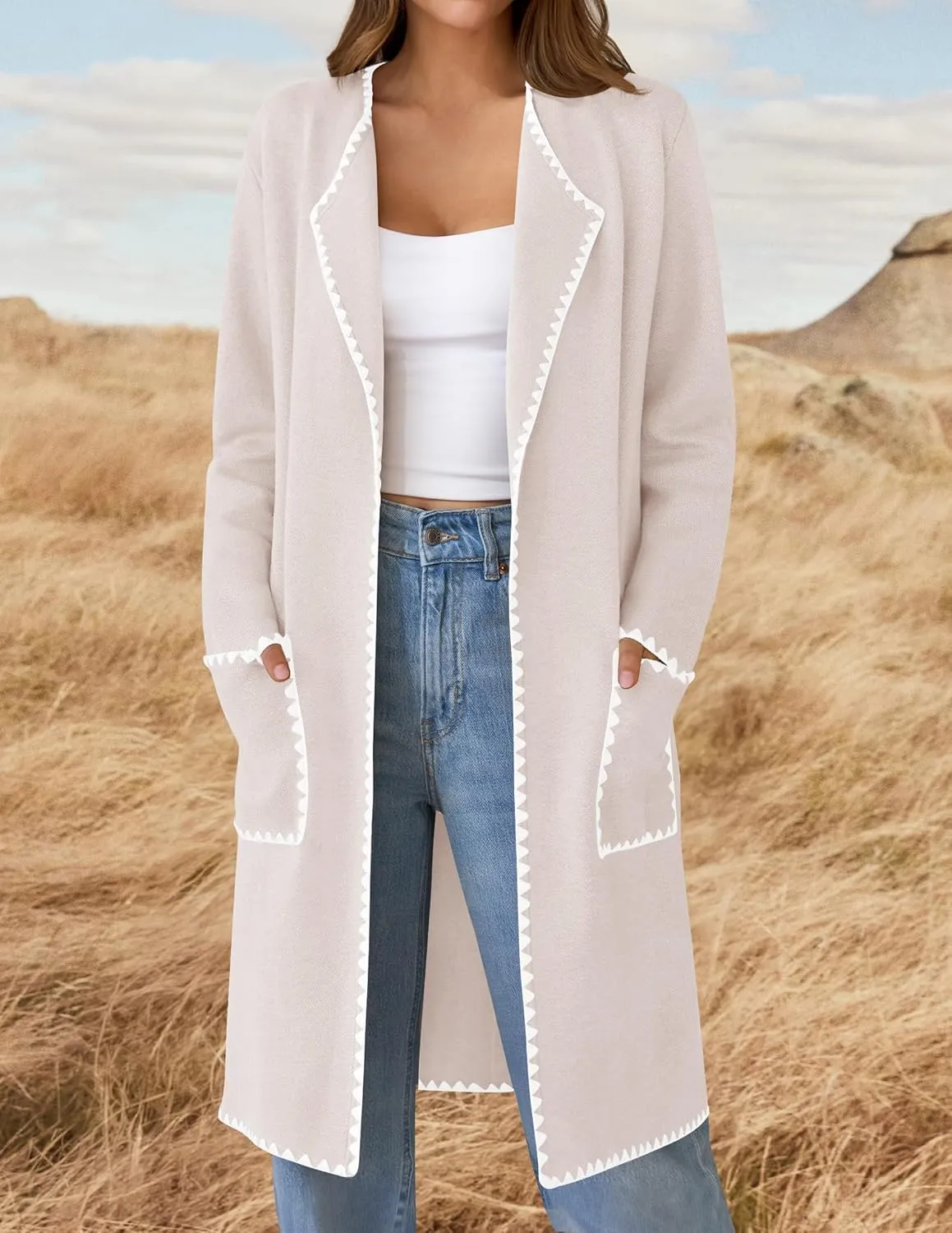ZESICA Women's Open Front Long Cardigan Sweater Casual Lapel Coatigan Coat Fall Jacket Outerwear with Pockets