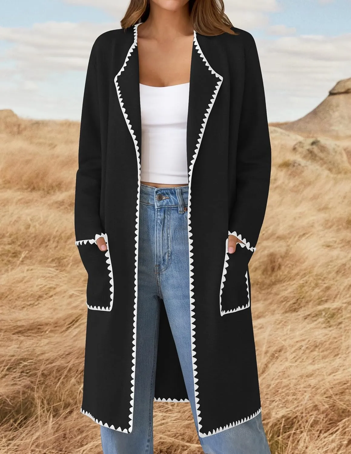 ZESICA Women's Open Front Long Cardigan Sweater Casual Lapel Coatigan Coat Fall Jacket Outerwear with Pockets