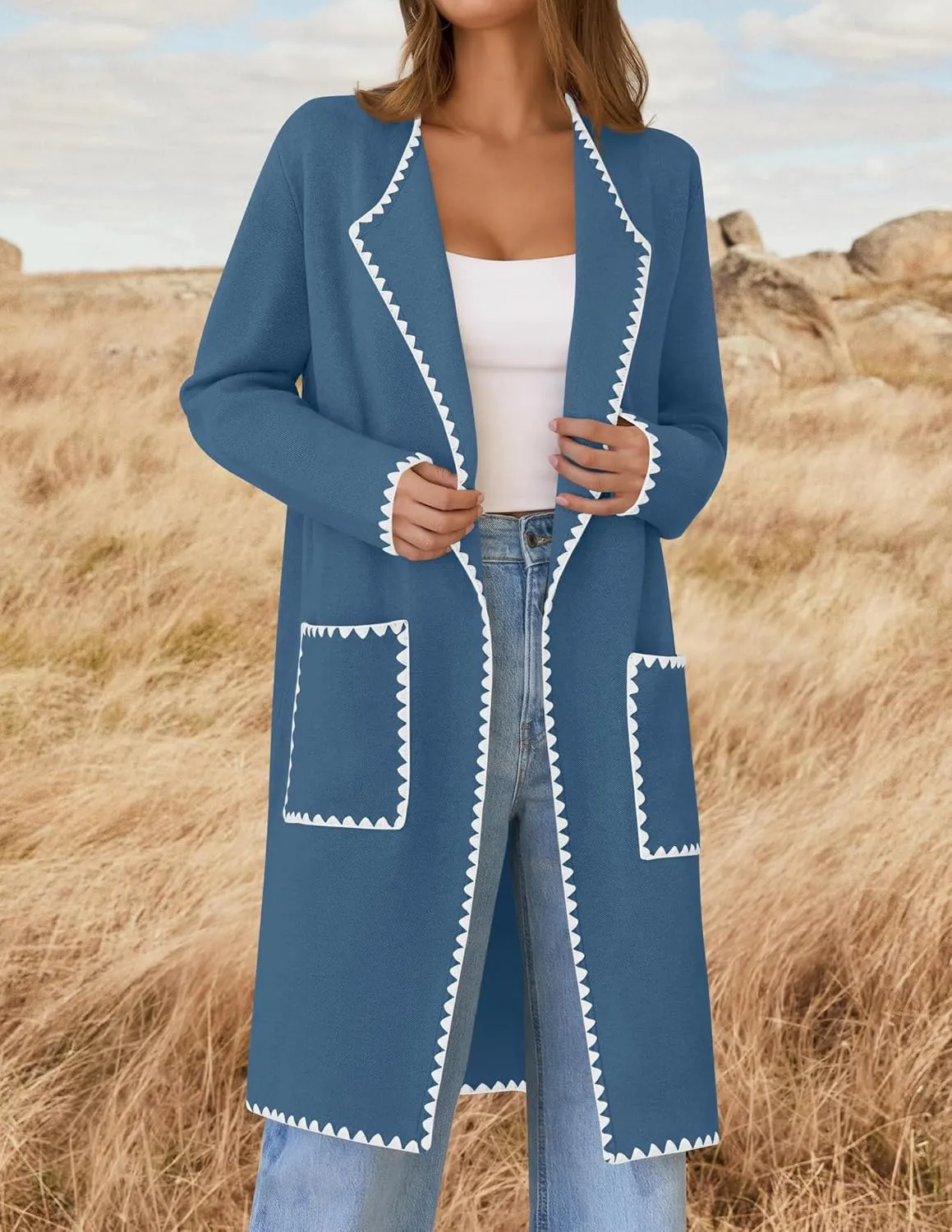 ZESICA Women's Open Front Long Cardigan Sweater Casual Lapel Coatigan Coat Fall Jacket Outerwear with Pockets