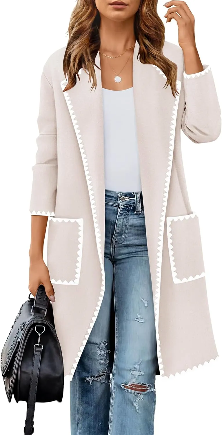 ZESICA Women's Open Front Long Cardigan Sweater Casual Lapel Coatigan Coat Fall Jacket Outerwear with Pockets