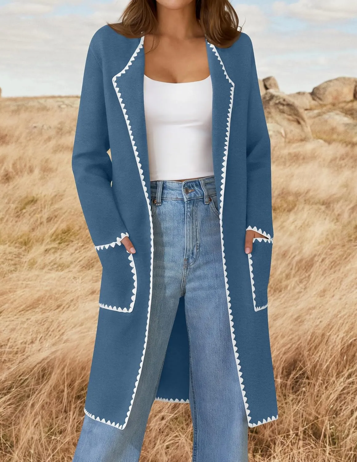 ZESICA Women's Open Front Long Cardigan Sweater Casual Lapel Coatigan Coat Fall Jacket Outerwear with Pockets